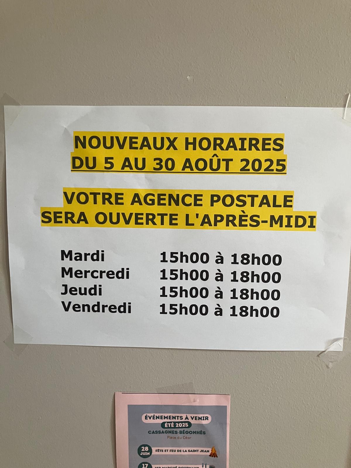 Lire la suite à propos de l’article Nouveaux horaires de l’agence postale pour Août 2025